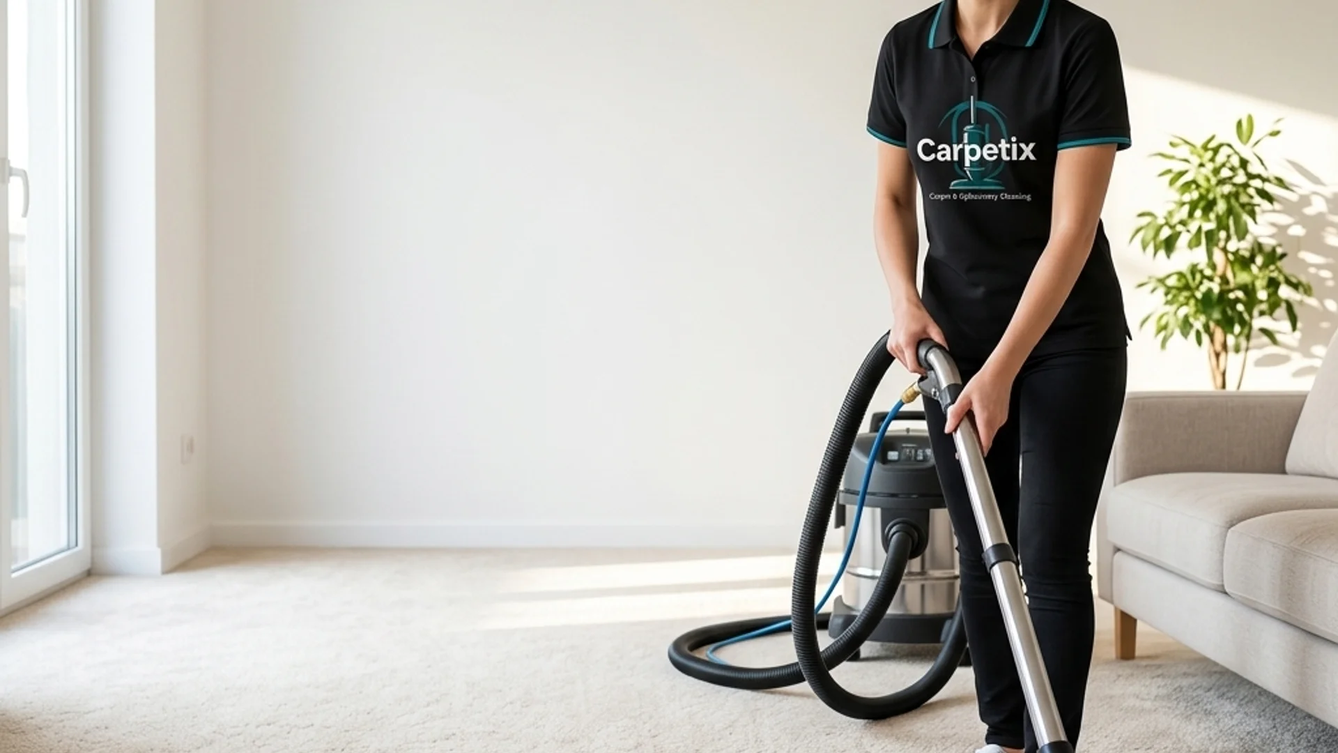 Technician cleaning a cream carpet in a bright living room