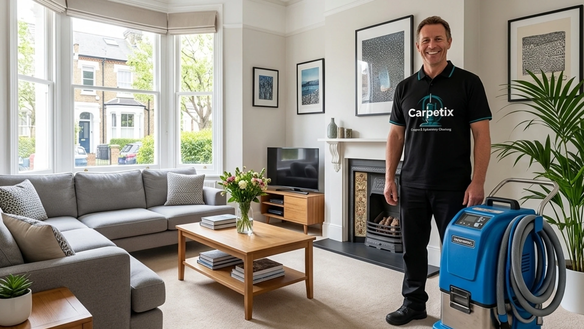 A professional carpet cleaning technician at work